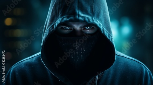 A masked man in a dark hoodie looking at the camera with blue eyes photo