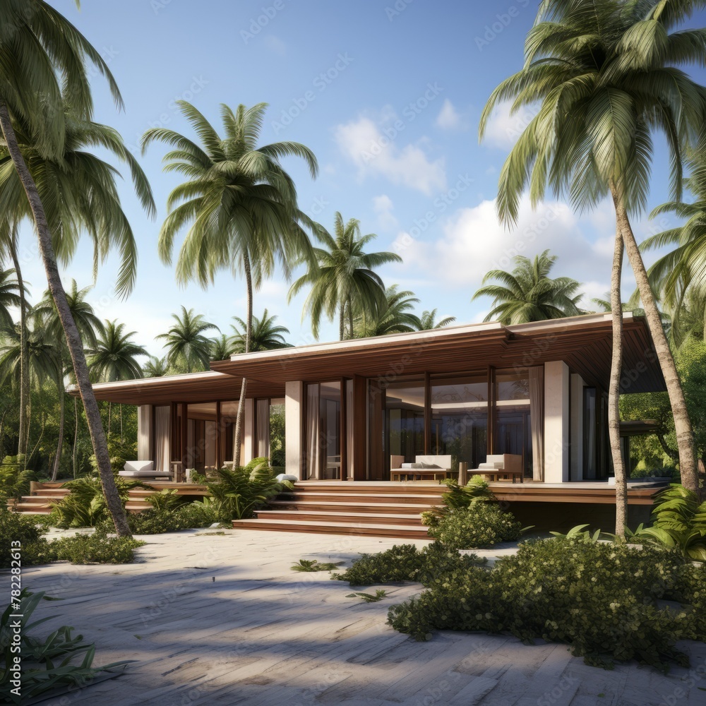 Modern beach house with pool and tropical garden