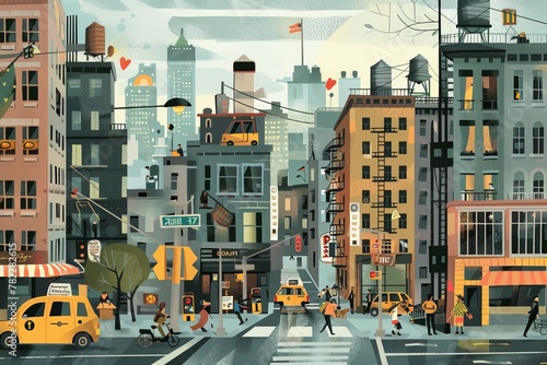 a bustling cityscape teeming with activity, portraying the rhythm of urban life.