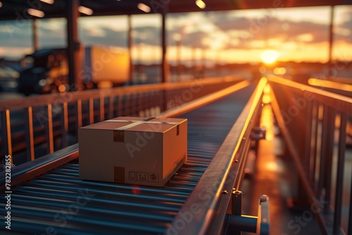 Industrial conveyor belt system transporting cardboard boxes towards a semitruck at sunset, vibrant colors