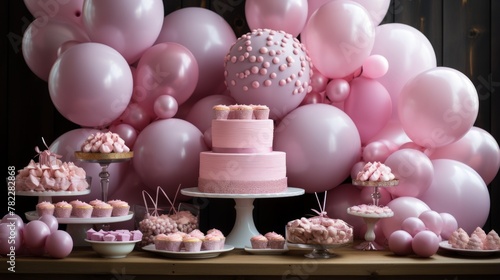 Pink and White Themed Birthday Party With Lots of Balloons and Desserts