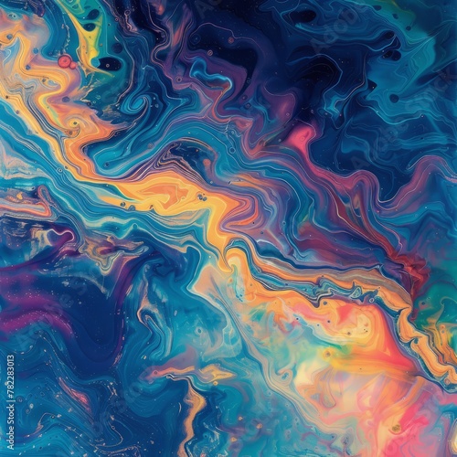 Colorful abstract painting with vibrant swirls of blue, orange, purple, and yellow