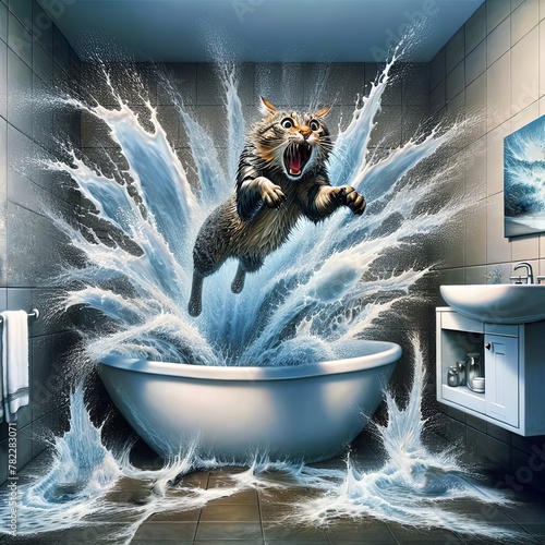 A startled cat is leaping out of a bathtub, creating an exaggerated splash of water that fills the entire bathroom