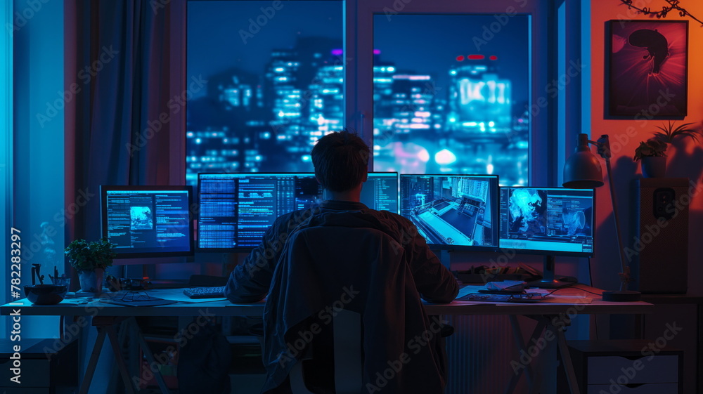 Entrepreneur working late at night in a home office, surrounded by computer screens and paperwork