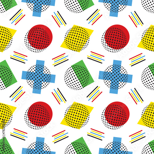 Abstract disco layer, shapes and dots, stripes in Memphis style seamless random dynamic trendy modern pattern. Beautiful colors