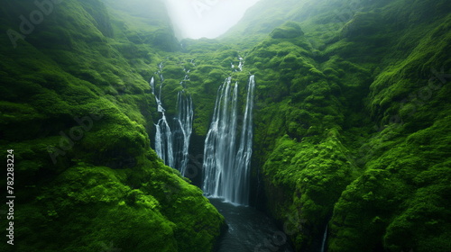 Breathtaking waterfall cascading down lush green mountainside  Nature Beauty