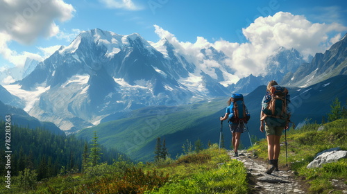 Backpackers Hiking Through Majestic Mountain Range, Outdoor Adventure Travel © Mars0hod