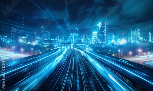 ultra fast railway train blurred motion perspective  speed and dynamics of big city  urban car traffic concept  creative background