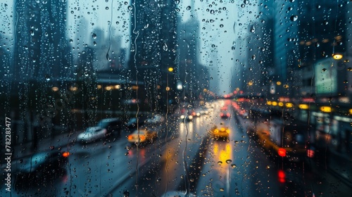 Rainy city street view through a wet window