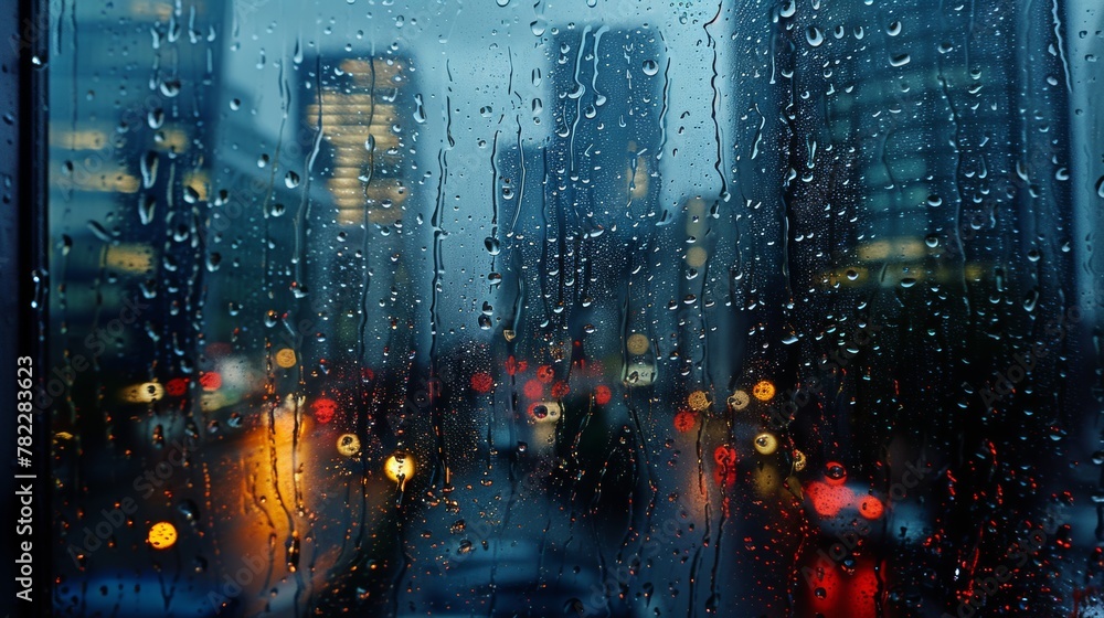 Raindrops on a window with blurred city lights in the background