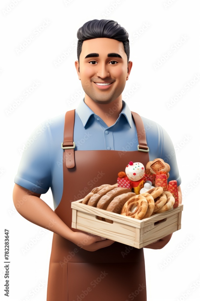 Smiling Middle Eastern man holding a basket full of bread and pastries Smiling Middle Eastern man holding a basket full of bread and pastries