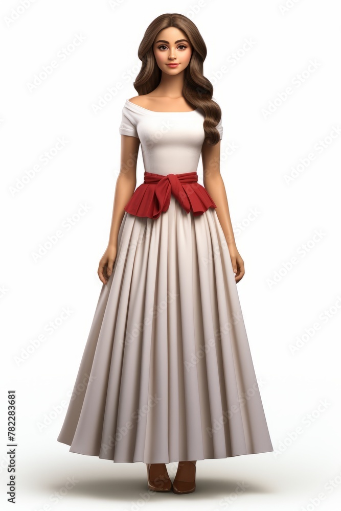 A woman wearing a white dress with a red sash A woman wearing a white dress with a red sash
