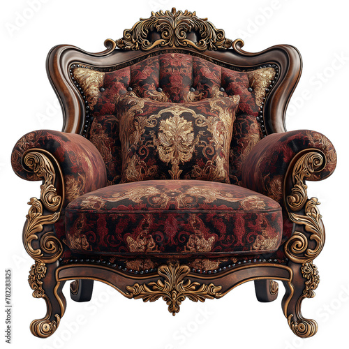 Ornate golden and red royal armchair with tufted backrest and armrests isolated on white background 3D rendering