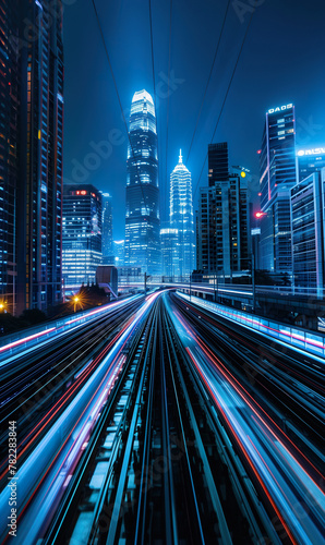 ultra fast railway train blurred motion perspective, speed and dynamics of big city, urban car traffic concept, creative background