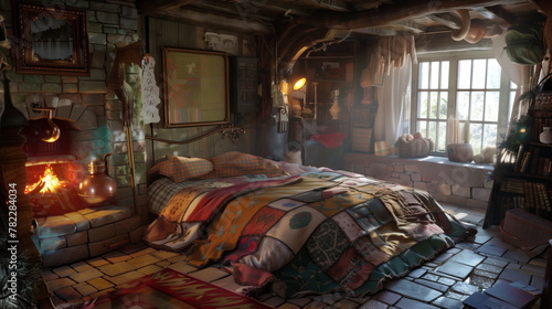 Warm, rustic medieval-style bedroom with a lit fireplace, rich wooden furnishings, and a colorful quilt