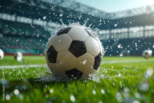 Black and white soccer ball on wet green grass field with blurred stadium background © Adobe Contributor