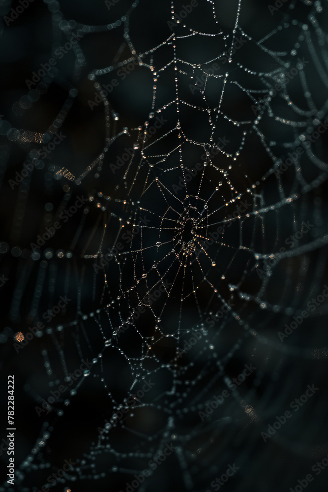 Dewdrops Adorning a Spiderweb in Muted Light