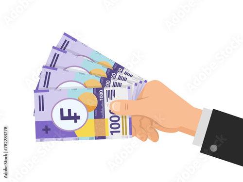 Hand holds money Swiss Franc 1000 banknotes. Business concept. The official currency of Switzerland CHF. Isolated on white background. Flat style. Simple minimal design. Vector illustration.