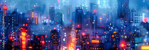 Vibrant City Night with Illuminated Skyscrapers, Urban Skyline Abstract, Modern Architecture and Blurred Lights