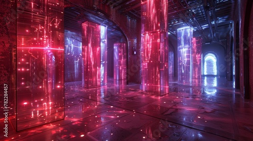 Futuristic corridor illuminated by neon light installations, with reflections on the wet floor enhancing the sci-fi ambiance.