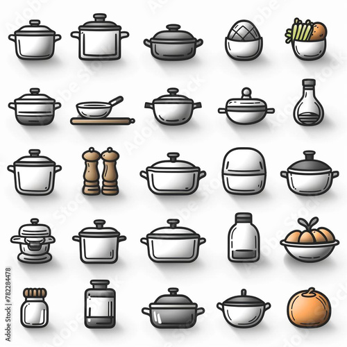 Image of a collection of colorful icons, each depicting items related to the kitchen. These icons can be used in various applications such as recipe websites, cooking apps, or food-related signs