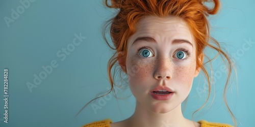 Ginger haired woman with an expression of sublime wonder and astonishment on her face her eyes wide and her mouth slightly agape against a serene