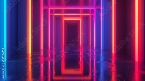 Futuristic neon-lit corridor with reflective floor