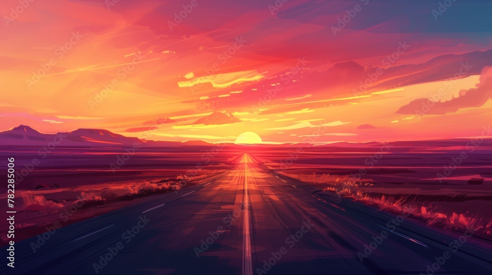 Sunset over a desert highway with vibrant skies