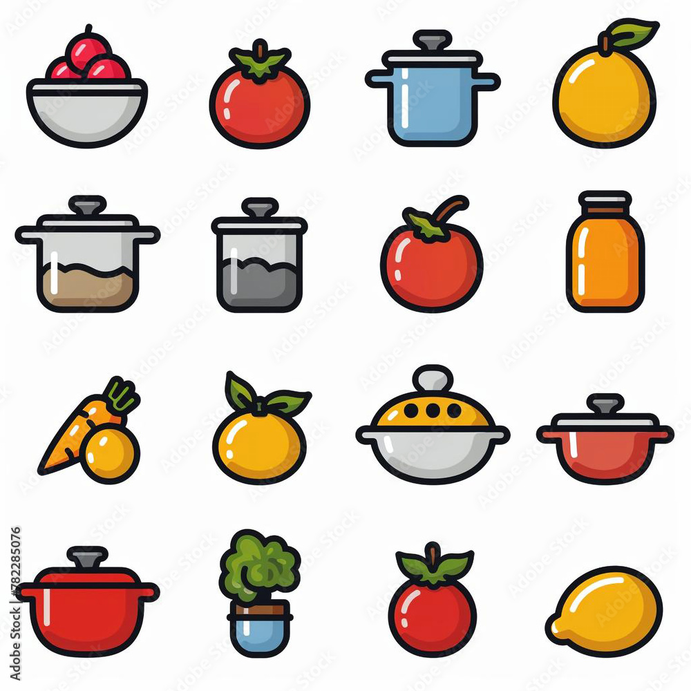 Image of a collection of colorful icons, each depicting items related to the kitchen. These icons can be used in various applications such as recipe websites, cooking apps, or food-related signs Image of a collection of colorful icons, each depicting items related to the kitchen. These icons can be used in various applications such as recipe websites, cooking apps, or food-related signs