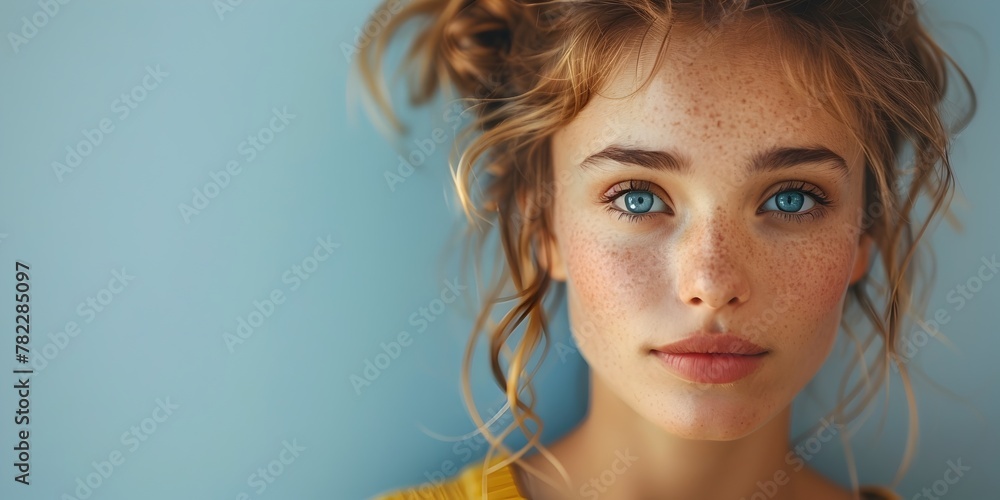 Pensive Feminine Portrait of a Thoughtful Young Woman with Curly Hair against a Minimalist Blue Backdrop with Ample Copy Space Pensive Feminine Portrait of a Thoughtful Young Woman with Curly Hair against a Minimalist Blue Backdrop with Ample Copy Space