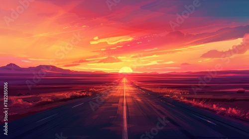 Sunset over a desert highway with vibrant skies