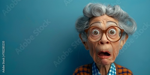 Surprised and Astonished Elderly Woman with Curly Gray Hair and Round Glasses in a Plaid Shirt Looking Shocked and Bewildered with a Look of photo