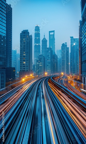 ultra fast railway train blurred motion perspective, speed and dynamics of big city, urban car traffic concept, creative background