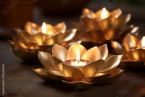 A luxurious ensemble of golden lotus candle holders graces a serene space, casting a warm and inviting glow in the ambient light.