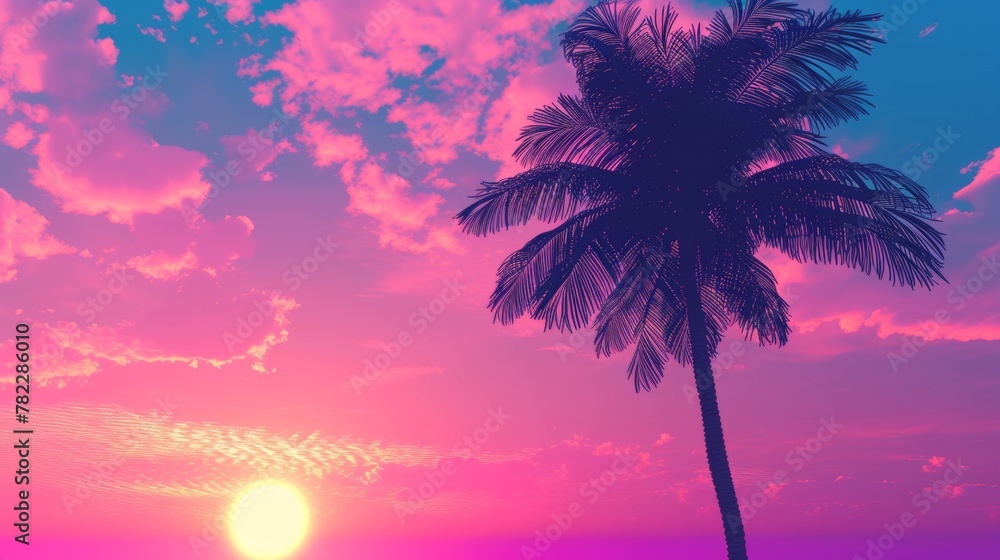 Silhouette of palm tree against a colorful sunset sky