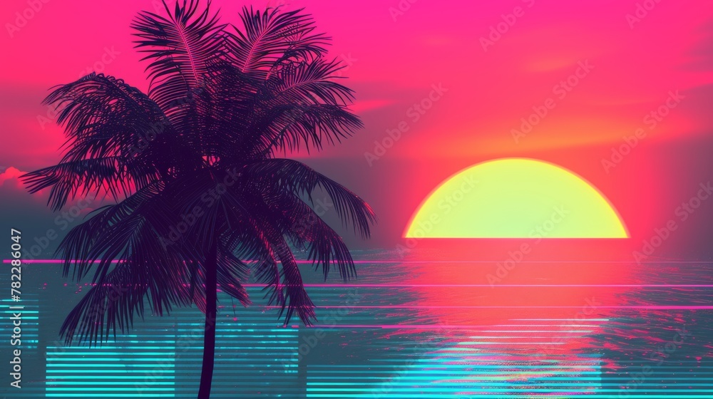 Vibrant tropical sunset over the ocean with palm silhouette