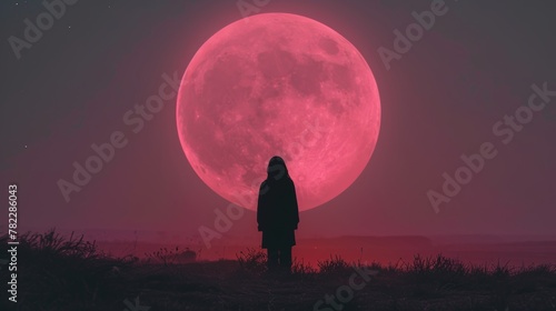 Silhouette of a person standing under a giant pink moon at night © cac_tus