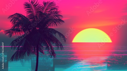 Vibrant tropical sunset over the ocean with palm silhouette © cac_tus