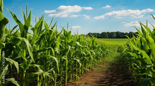 Sunlit high cornstalks lined up in a farm photo