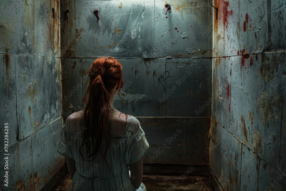 Woman stands alone in a dilapidated room, symbolizing despair and mental health struggles