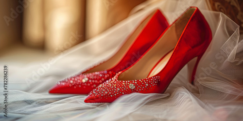 Elegant Red Bridal Shoes on Soft White Wedding Dress