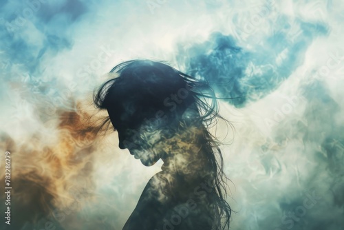 Artistic portrayal of a woman dealing with mental health issues, enveloped in a chaotic, smoky haze © Minerva Studio