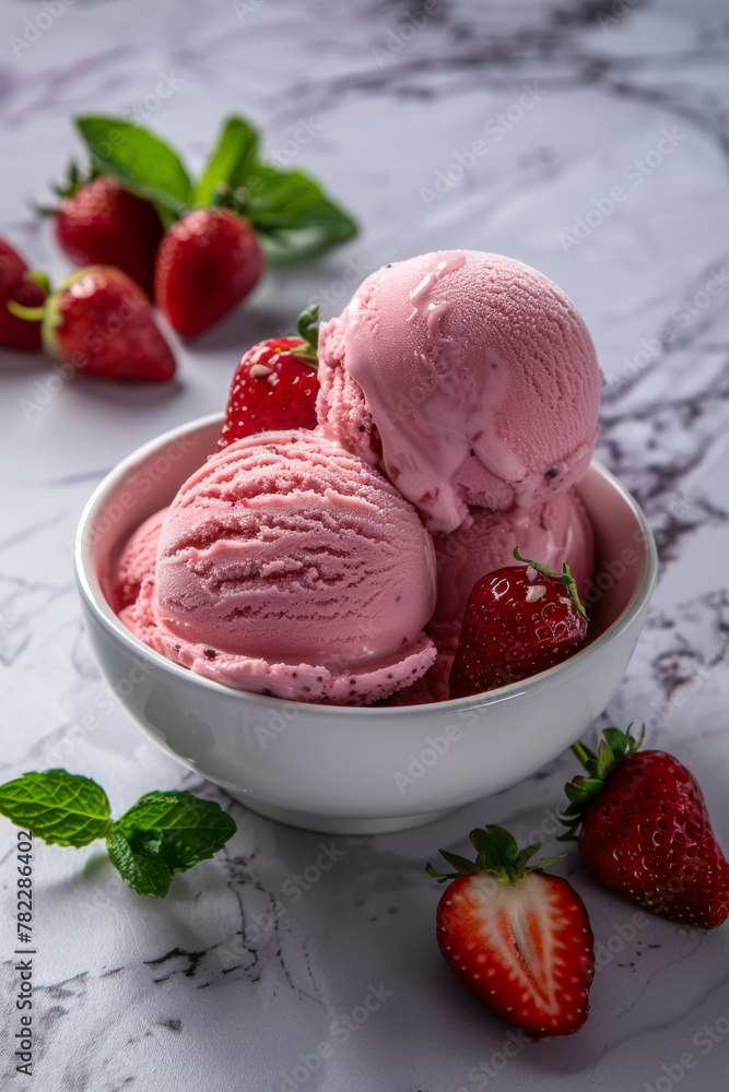 Fresh Strawberry Ice Cream Scoops in Bowl with Mint Garnish Fresh Strawberry Ice Cream Scoops in Bowl with Mint Garnish