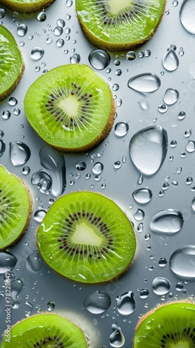 Sliced kiwi with water drops on a grey background