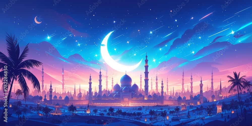 cartoon landscape view of the grand mosque in the center, pink and purple sky at night with stars