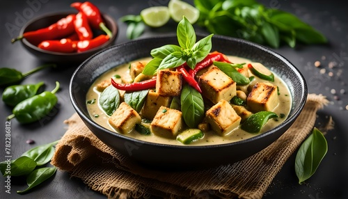 Vegan Thai Green Curry with fried firm tofu pieces, seasonal vegetable, red bird's eye chili and sweet basil. 