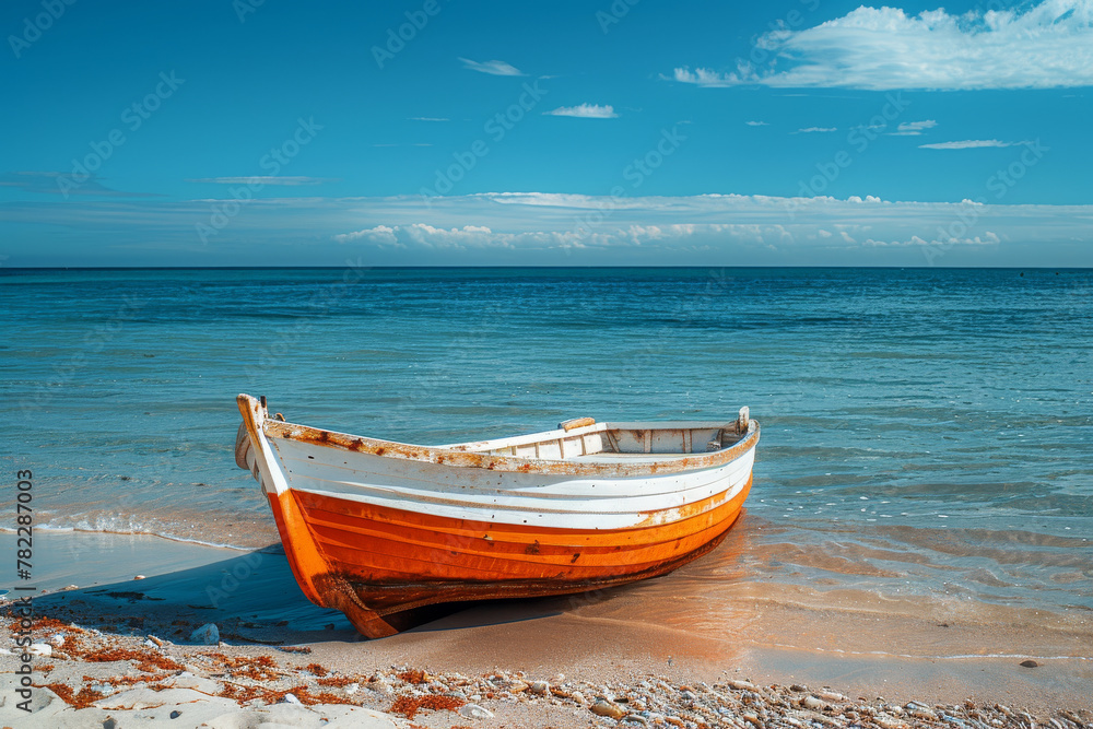 Serene Seaside with Orange Wooden Boat on Sandy Beach