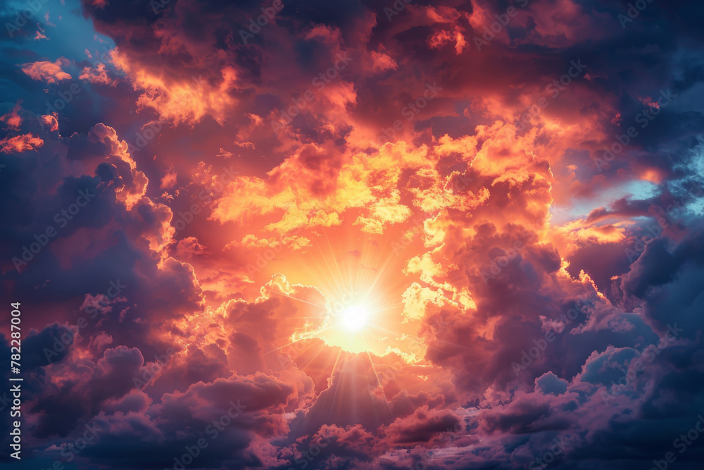 Majestic Sunset Sky with Dramatic Clouds and Radiant Sunlight