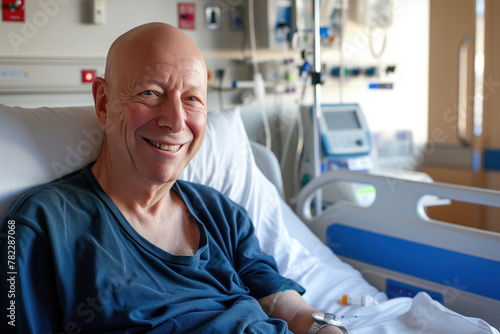 In midst of cancer treatment, bald, mature man smiles in hospital bed AI Generative