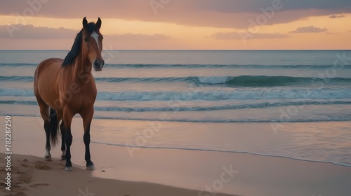A horse standing on a sandy beach under a cloudy blue-orange sky against a sunset background. Generative AI, Generative, AI
